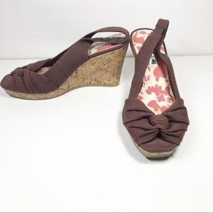 American Eagle brown peep toe cork wedges